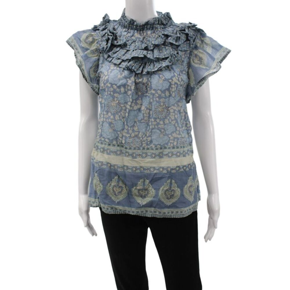 Sea Womens Blue Floral Tunic Blouse Cotton High Neck Sleeveless Size XS